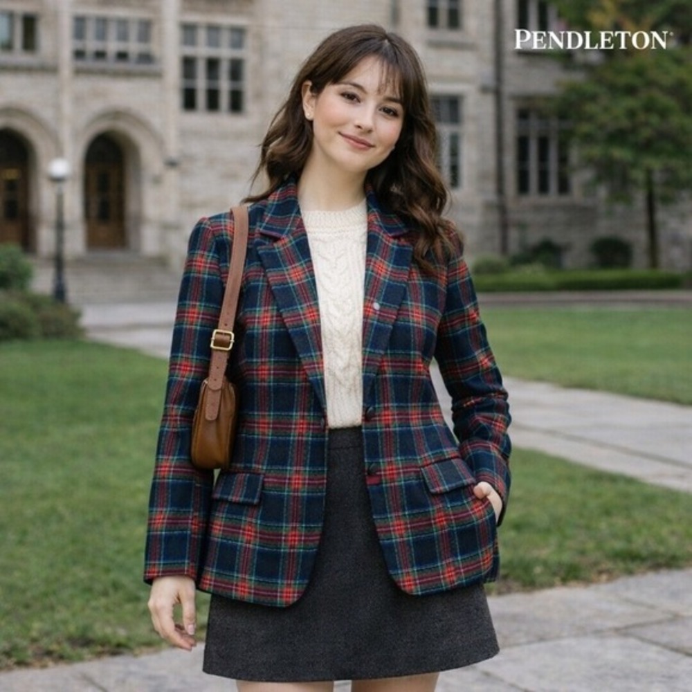 Pendleton 100% Pure New Wool Plaid Tartan Blazer Jacket‎ Womens 14P Vintage